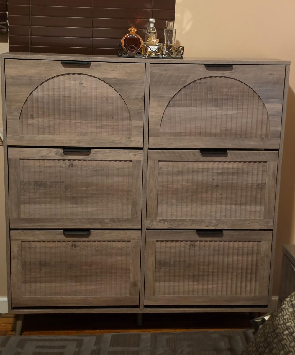 Shoe Storage Cabinet with 2 Flip Drawers, Narrow Wood Shoe Organizer Cabinet with Fluted Panel, Slim Shoe Rack for Entryway, Walnut customer photo 1