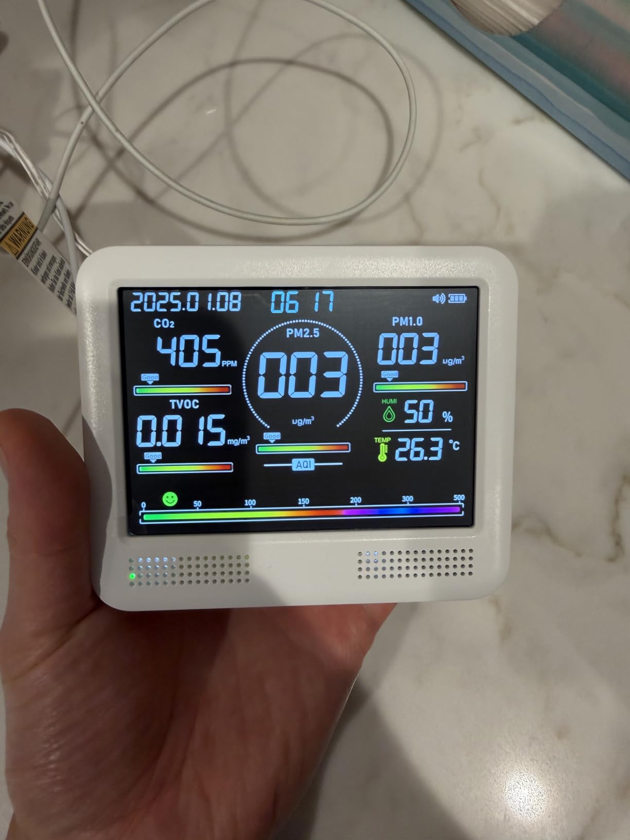 Indoor Air Quality Monitor for Home, CO2 Detector with PM2.5 PM10, Formaldehyde TVOC Sensor, AQI Temperature Humidity Display (Black) customer photo 1