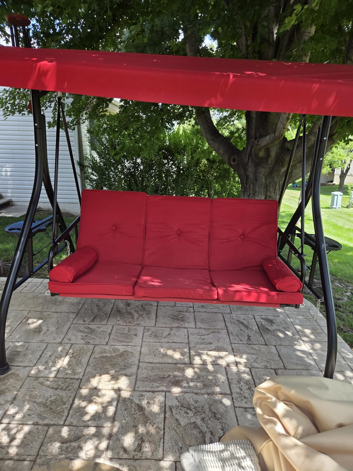 Aoxun Outdoor Porch Swing with Stand and Canopy, 3 Seats Outdoor Swings for Adults, Convertible 2 in 1 Swing Bed with Cup Holder, Patio Swings with Thicken Cushions for Garden, Yard & Balcony, Wine customer photo 1