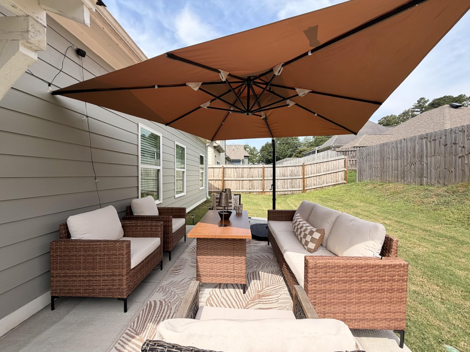 Tangkula 10 FT Patio Cantilever Umbrella, Large Square Offset Hanging Umbrella w/ 360° Rotation, 8 Sturdy Ribs, Air Vent & Cross Base, Heavy-Duty Outdoor Sun Shade for Backyard Pool Garden Deck, Beige customer photo 1