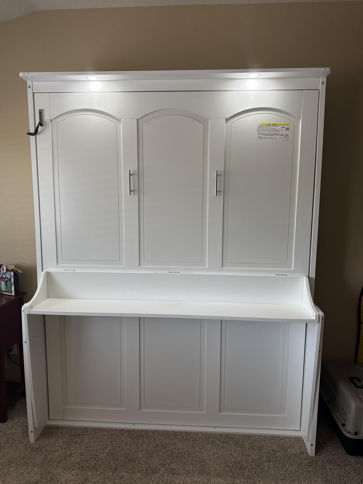 Queen Murphy Bed with Desk, LED Lights & USB Charging Station, Solid Wood Vertical Murphy Wall Bed Cabinet with Storage Shelves, White customer photo 1