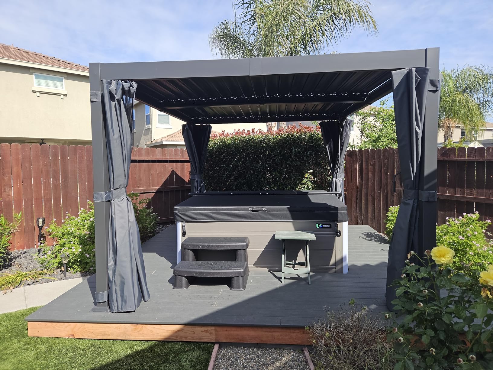 12' x 16' Louvered Pergola, Outdoor Pergola with Curtains & Netting, Aluminum Frame Patio Pergola with Adjustable Louvers Roof & Gutter System, Hardtop Gazebo for Patio, Deck, Garden, Yard, Dark Gray customer photo 1
