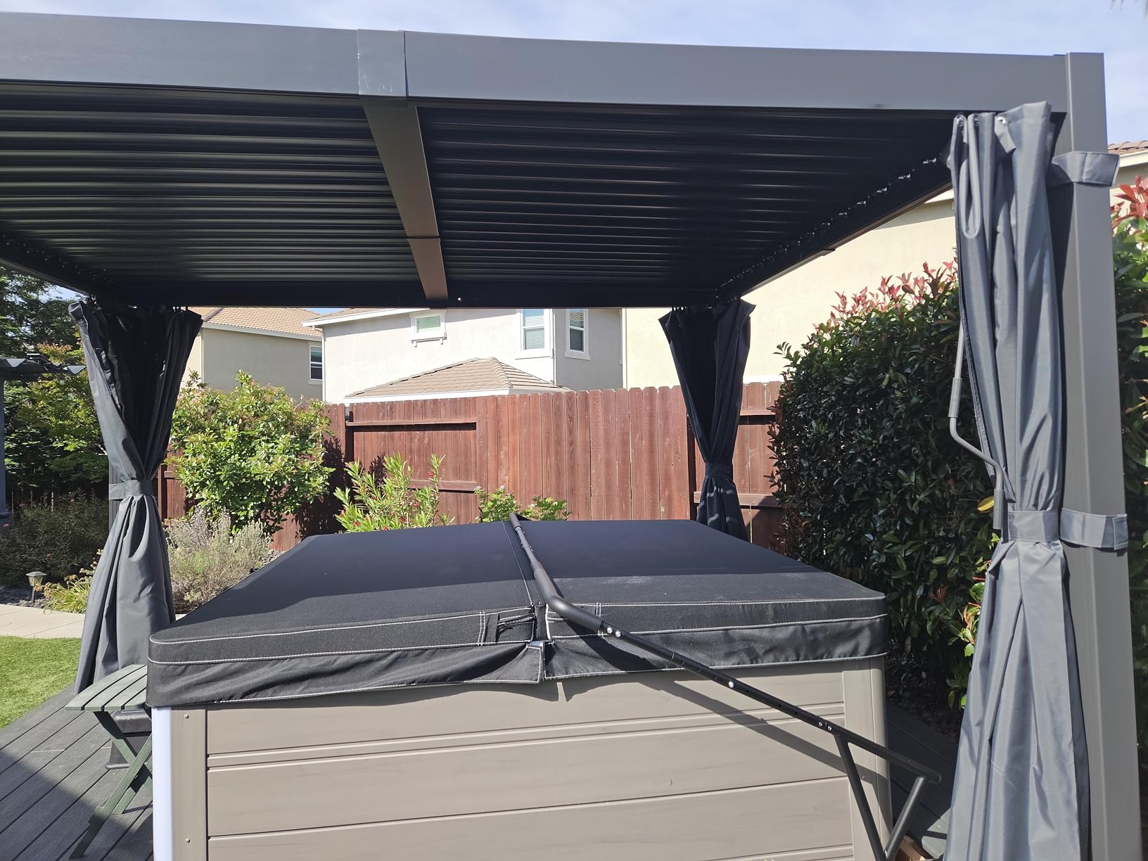 12' x 16' Louvered Pergola, Outdoor Pergola with Curtains & Netting, Aluminum Frame Patio Pergola with Adjustable Louvers Roof & Gutter System, Hardtop Gazebo for Patio, Deck, Garden, Yard, Dark Gray customer photo 2