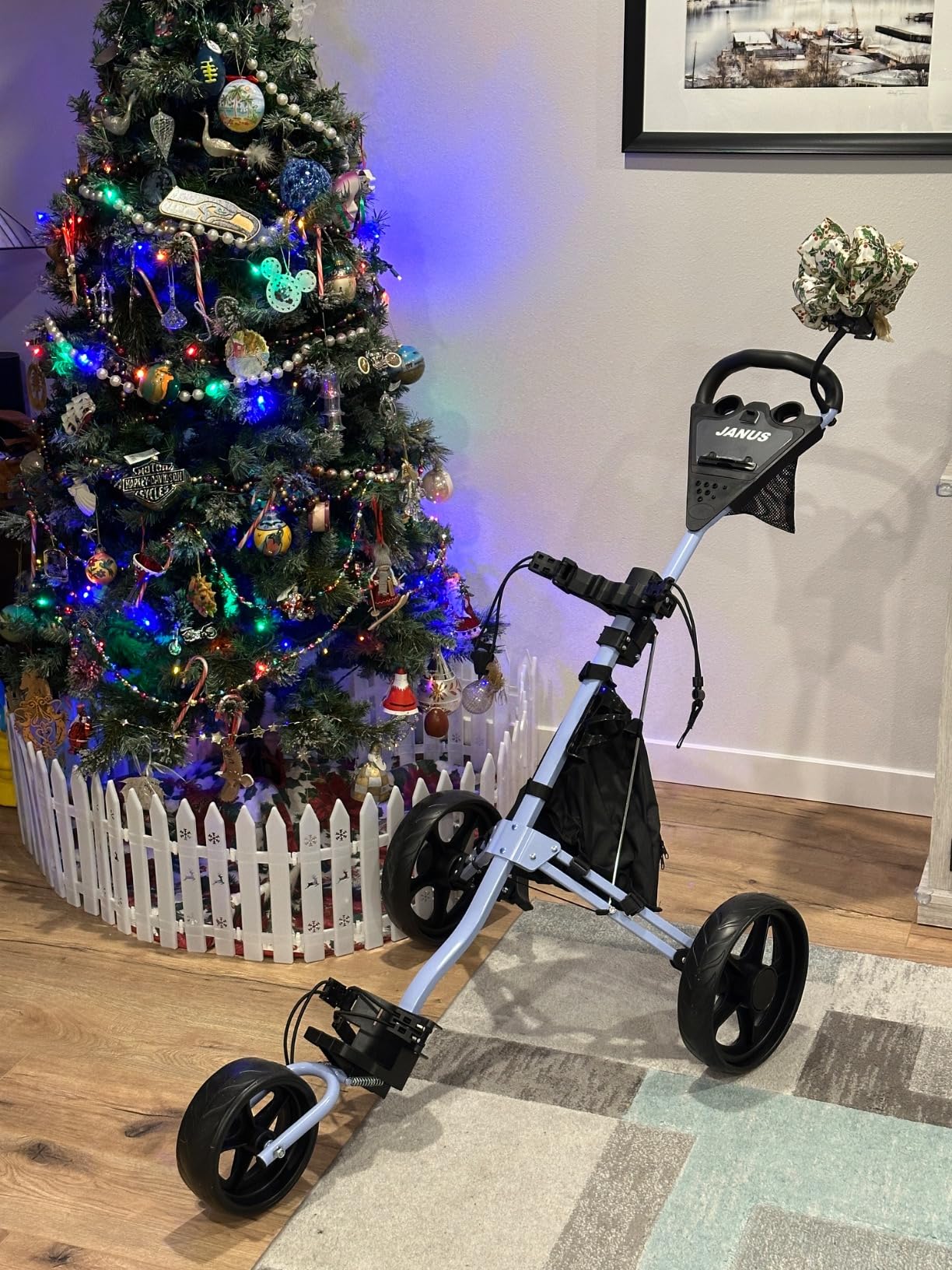 JANUS Pace Golf Push Cart with 360° Rotating Phone Holder, 3-Wheel Foldable Golf Cart with One-Click Folding, Wide EVA Wheels, Foot Brake, Adjustable Handle, Cooler Bag & Scorecard Console customer photo 1