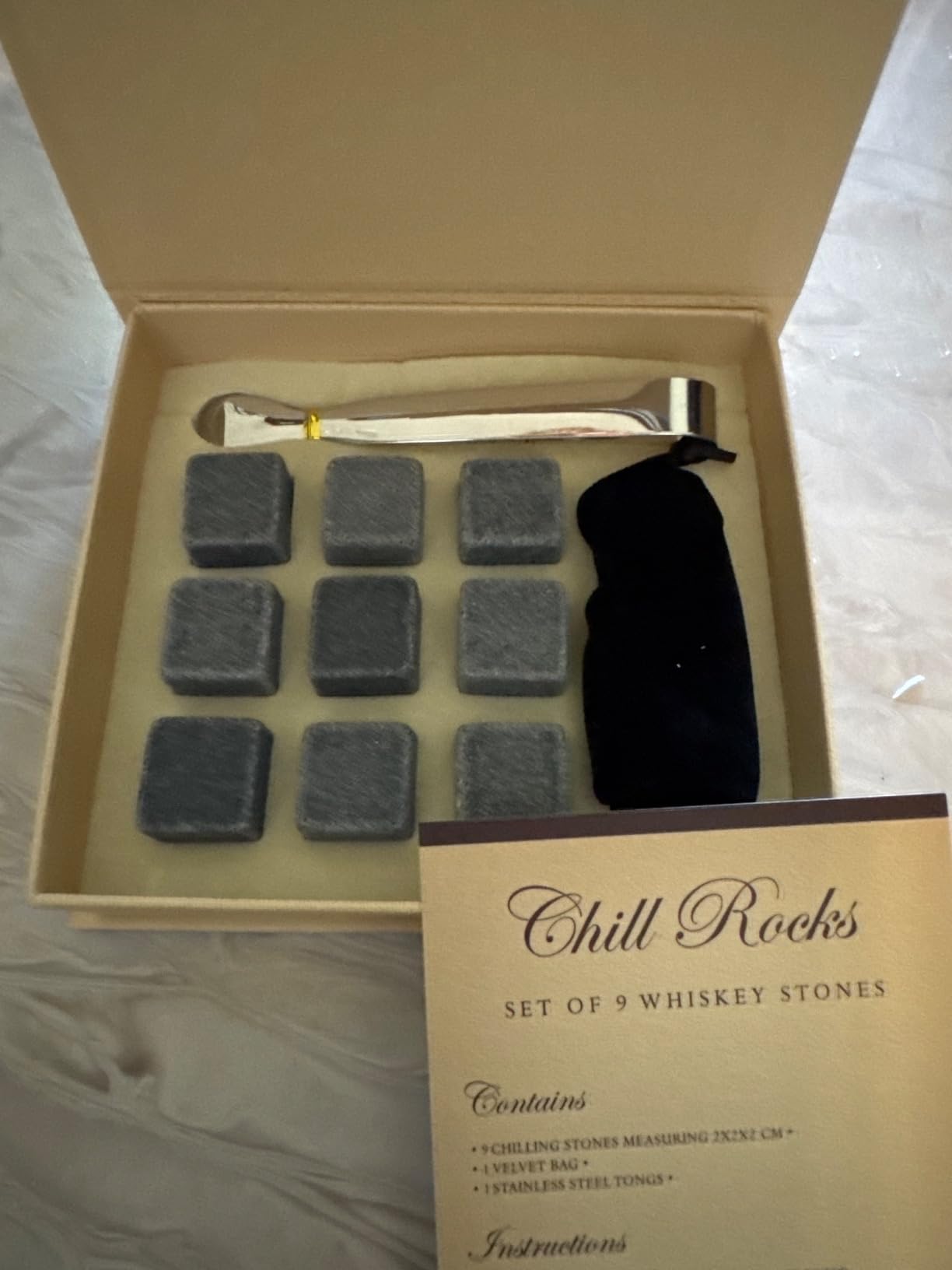 Set of 9 Grey Beverage Chilling Stones [Chill Rocks] Whiskey Stones for Whiskey and Other Beverages - in Gift Box with Velvet Carrying Pouch - Made of 100% Pure Soapstone - by Quiseen customer photo 1