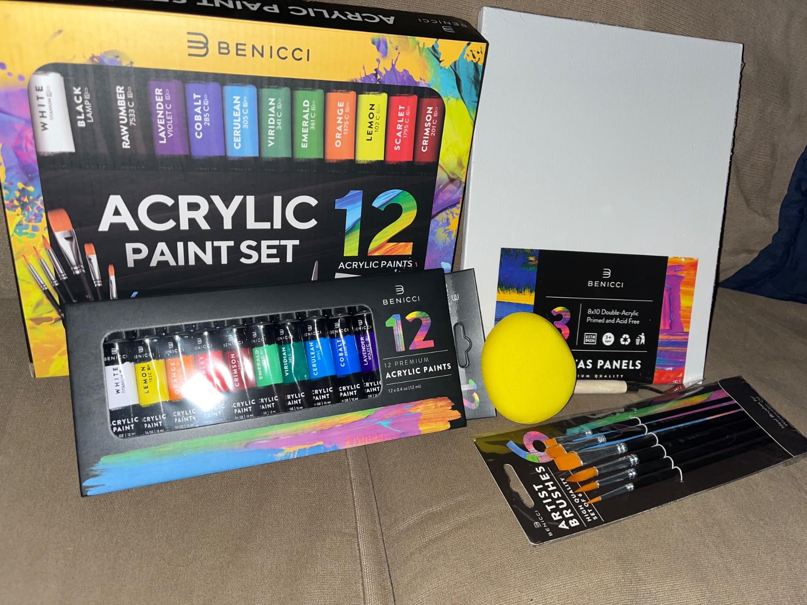 Complete Acrylic Paint Set – 12х Rich Pigment Colors & 6x Art Brushes - Includes 3 Paint Canvases, Palette Knife & Sponge - Perfect for Canvas, Clay, Ceramic - Non-Toxic, Great for Kids & Adults customer photo 1