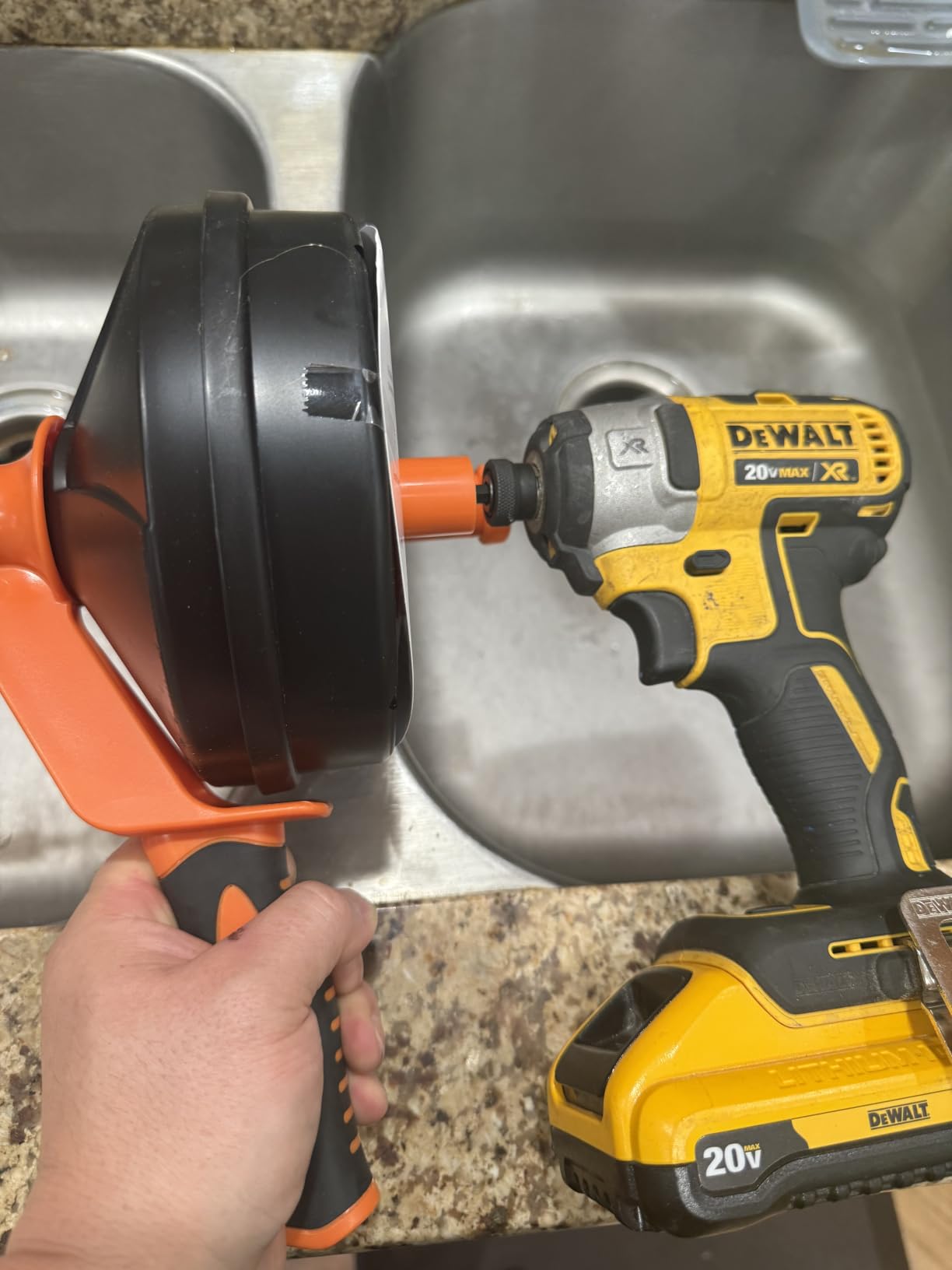 Drain Auger, Clog Remover with Drill Adapter, 25 Feet Flexible Plumbing Snake Use Manually or Powered for Kitchen, Bathroom and Shower Sink, Comes with Gloves (orange) customer photo 1