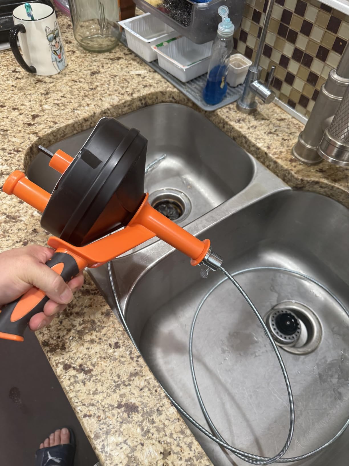 Drain Auger, Clog Remover with Drill Adapter, 25 Feet Flexible Plumbing Snake Use Manually or Powered for Kitchen, Bathroom and Shower Sink, Comes with Gloves (orange) customer photo 2