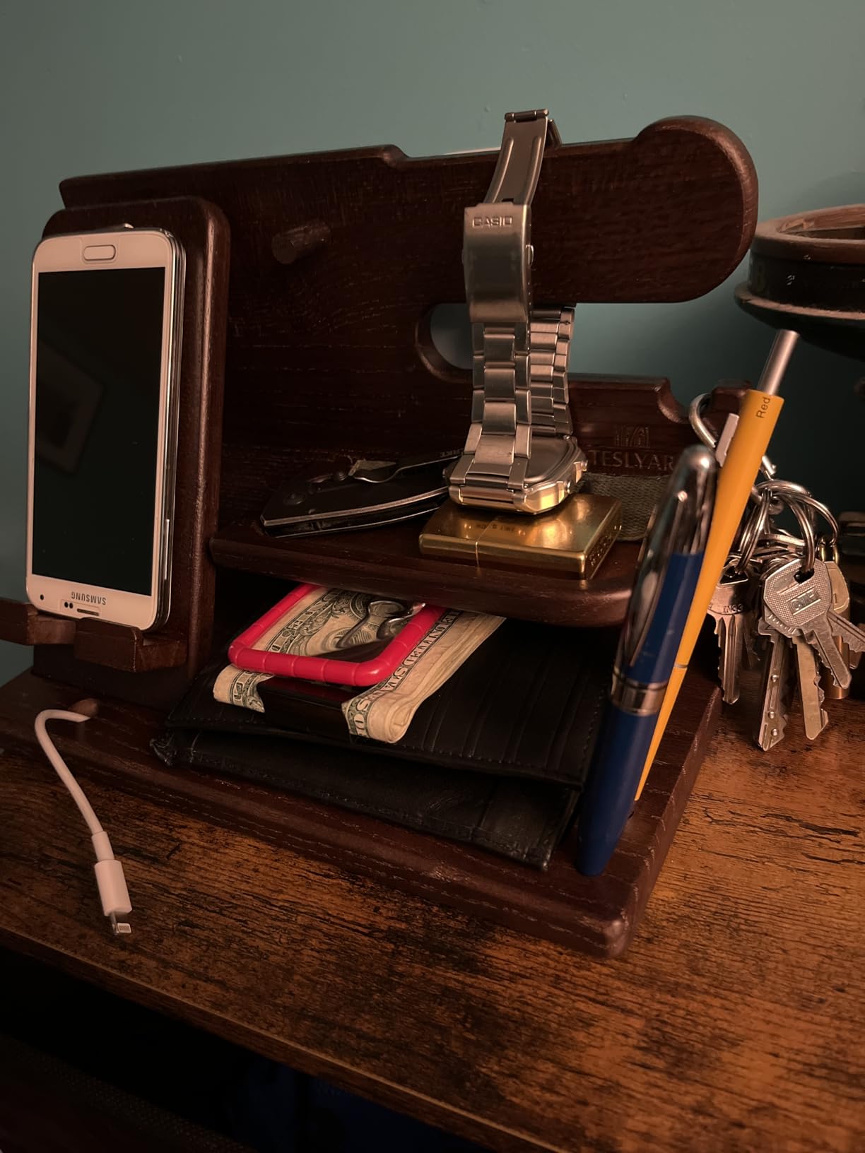TESLYAR Wood Phone Docking Station for Men - Desk or Nightstand Organizer - Birthday Gifts for Husband, Dad - Anniversary Idea from Wife - Key Holder, Stand Wallet, Watch & Essentials (Bourbon Brown) customer photo 1