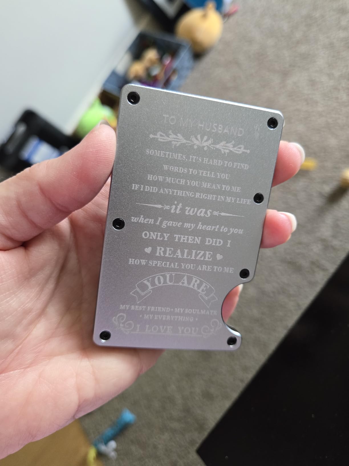 To My Husband Gift | Men Minimalist Personalized Engraved Metal Wallet from Wife | Custom Love Message Slim Aluminum Card Holder with Money Clip | Christmas Birthday Anniversary Valentines Day Wedding customer photo 2
