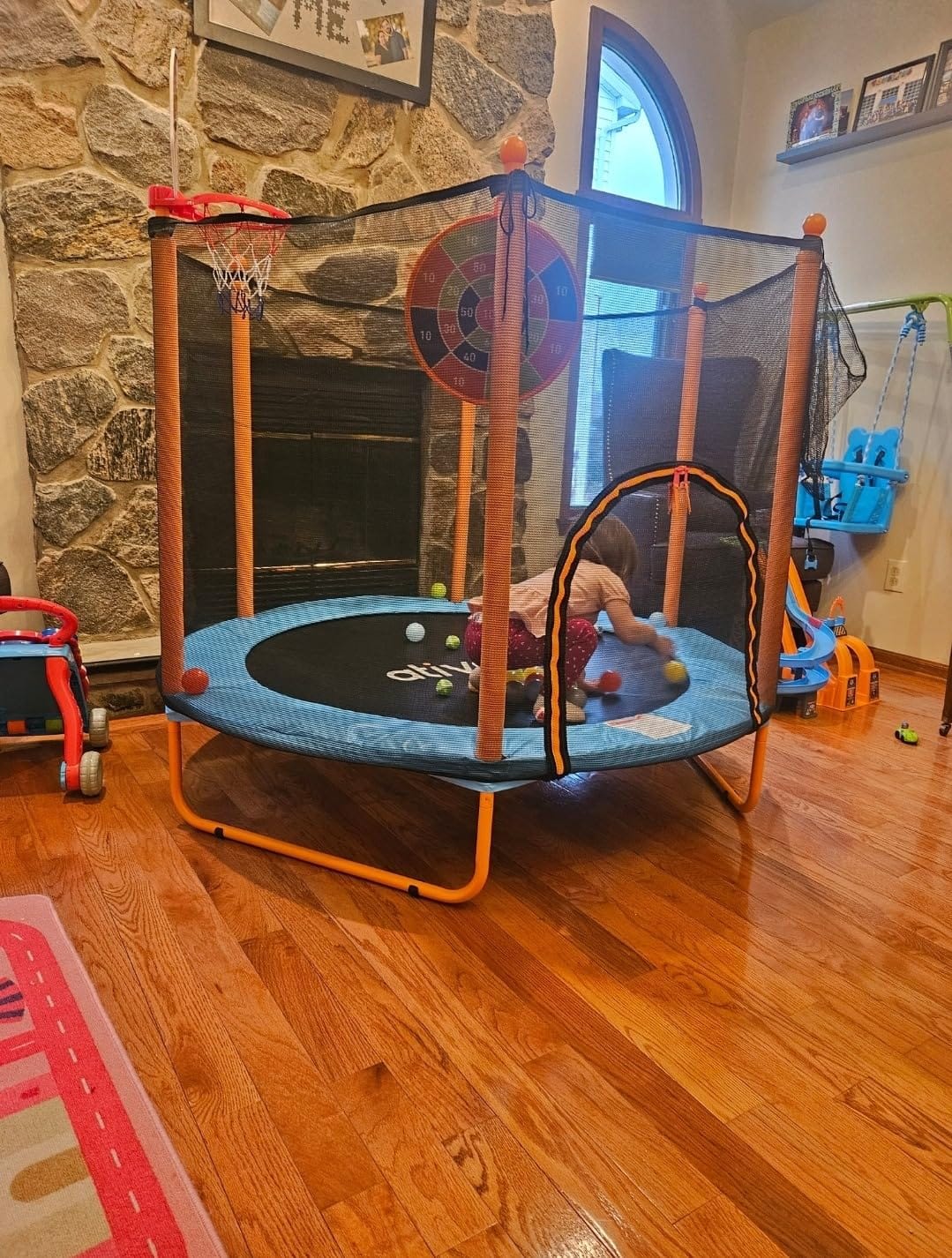 Ativafit 60'' Rebounder Trampoline Indoor Outdoor for Kids Ages 1-8, 5 FT Recreational Toddler Trampoline with Safety Enclosure Net Gifts with Basketball Hoop Dartboard Ocean Bal customer photo 1