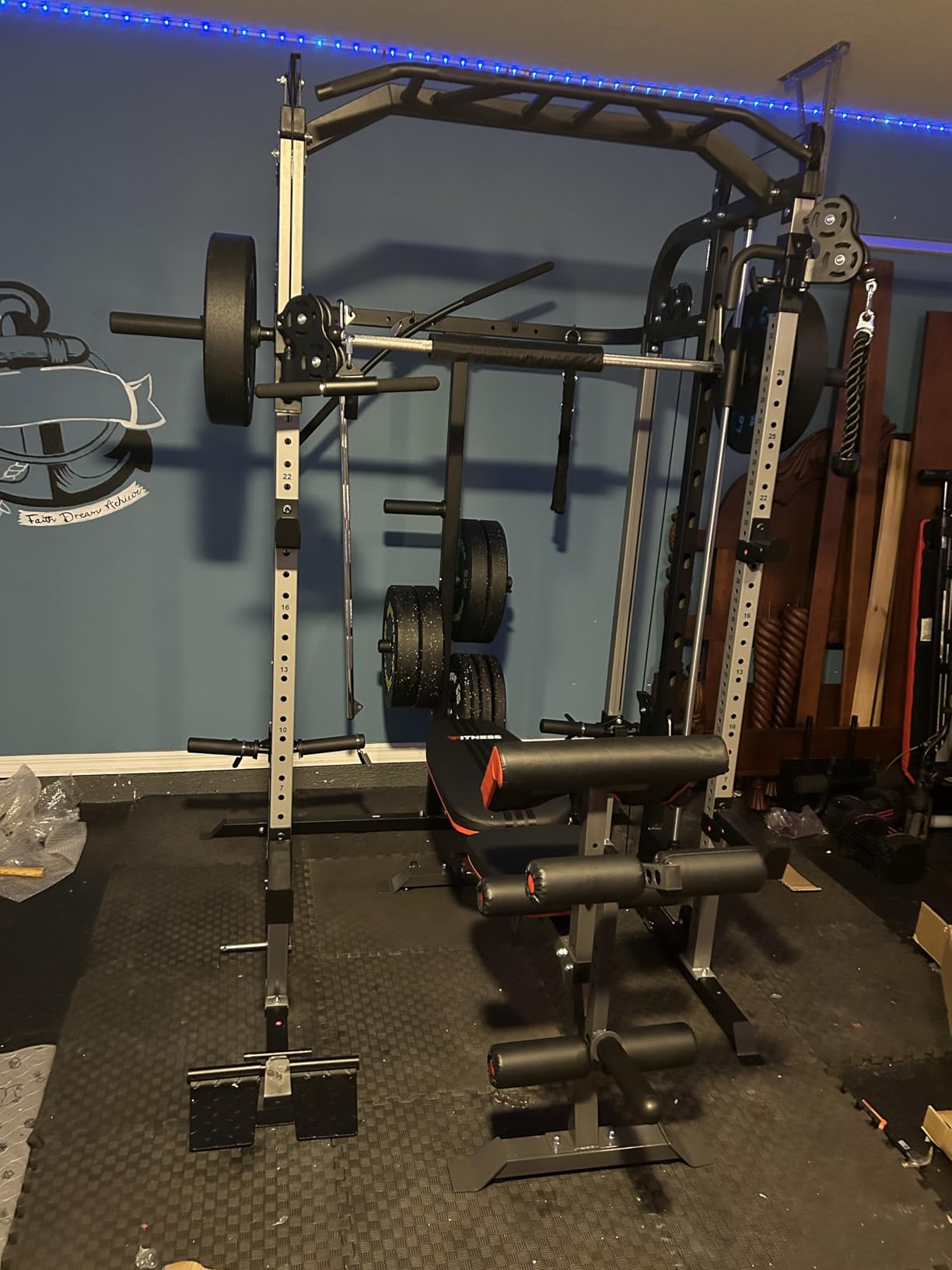 Smith Machine, Multifunctional Power Cage Rack with Smith Bar and Cable Pulley System, and LAT Pull Down Machine for Home Gym customer photo 1