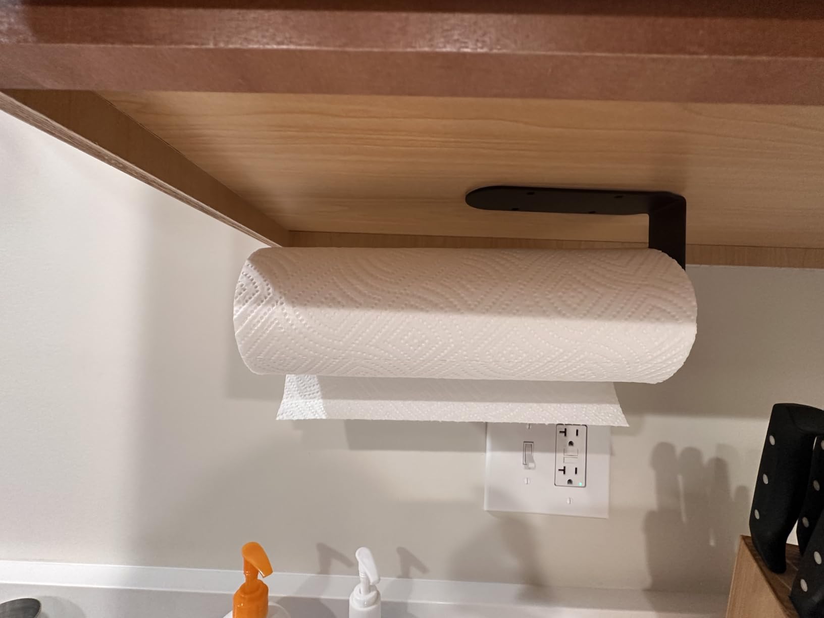 Paper Towel Holder Under Cabinet with 2 Hooks, Paper Towel Holder Wall Mount with Damping Effect, Self-Adhesive or Drilled Paper Roll Holders for Kitchen, Bathroom, RV(Gold) customer photo 2