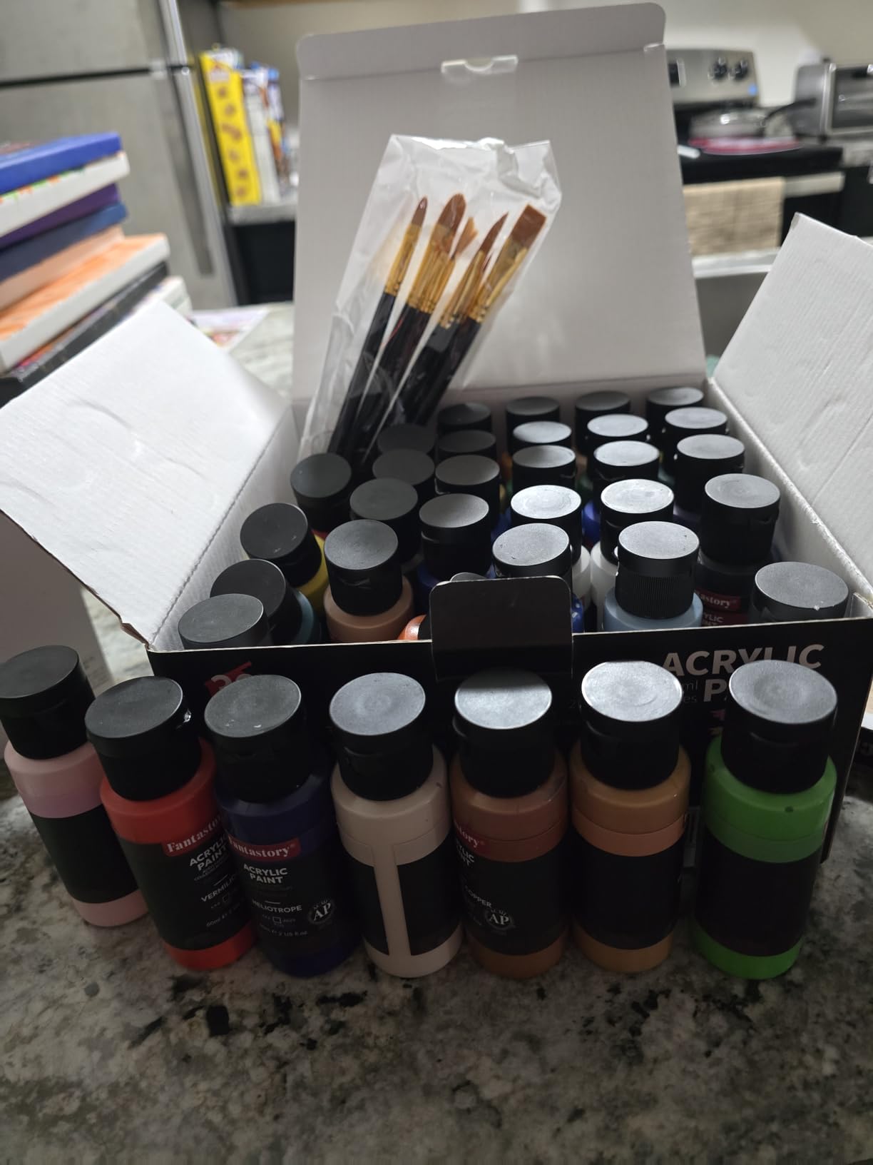 Fantastory 60ml 36 Colors Acrylic Paint Set with 12 Brushes | with Chart, Palette, Scraper, Sponge - 3 Metallic, Non-Toxic, Waterproof for Wood, Rock, Canvas, Clay, DIY, 3D customer photo 1