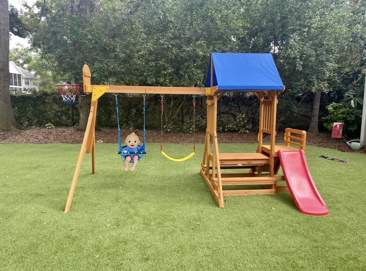 Wooden Swing Sets for Backyard with Monkey Bar, Outdoor Playset for Age 3-6 customer photo 2