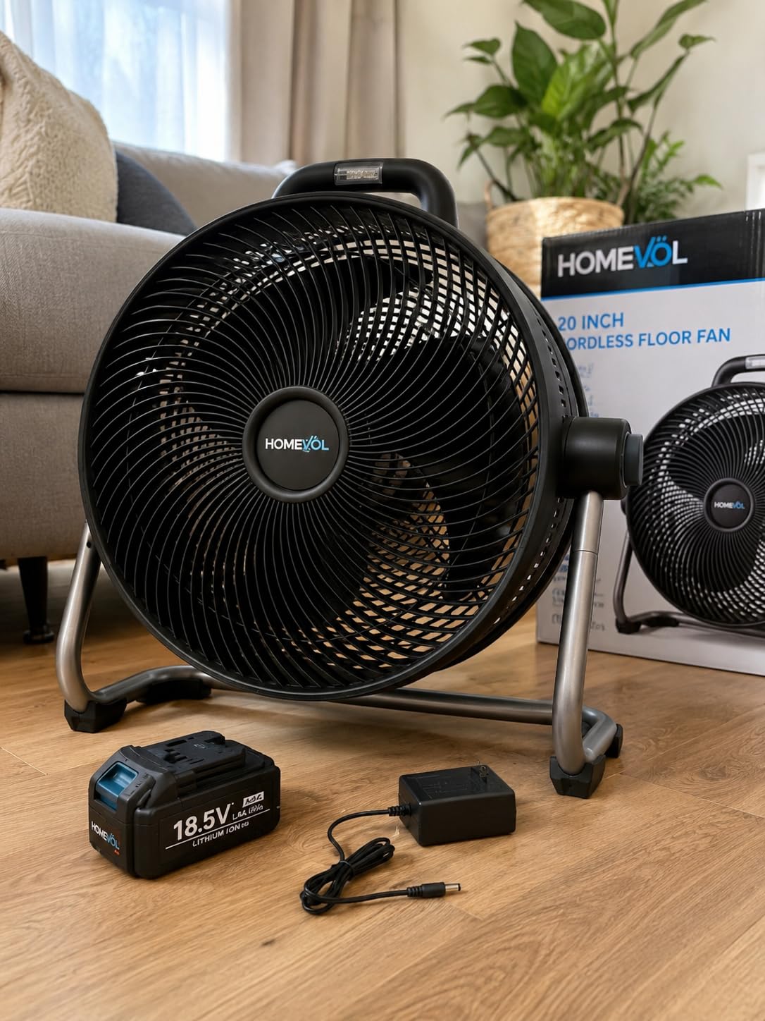 20 Inch Cordless Rechargeable Battery Powered Floor Fan Compatible with Dewalt 20V Battery, 6-Speed 4500 CFM Portable Fan with Carry Handle, Led Light, 36H Max Runtime, 180° Adjustable Tilt customer photo 2