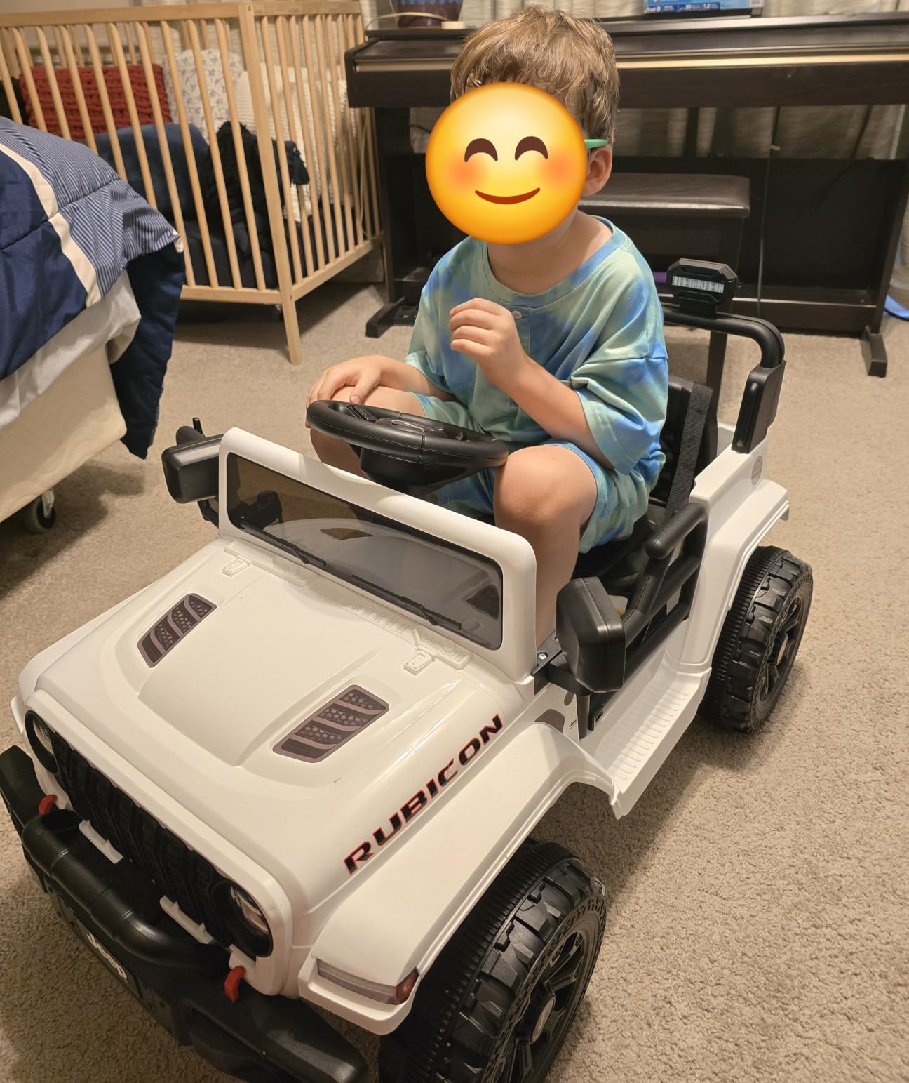 First Ride On 12V Licensed Jeep Wrangler Rubicon Ride on Toys, Jeep Car for Kids with Remote Control, Compact Electric Car W/ 3 Point Safety Belt, Bluetooth, LED Lights, Treaded Tires (Black) customer photo 1