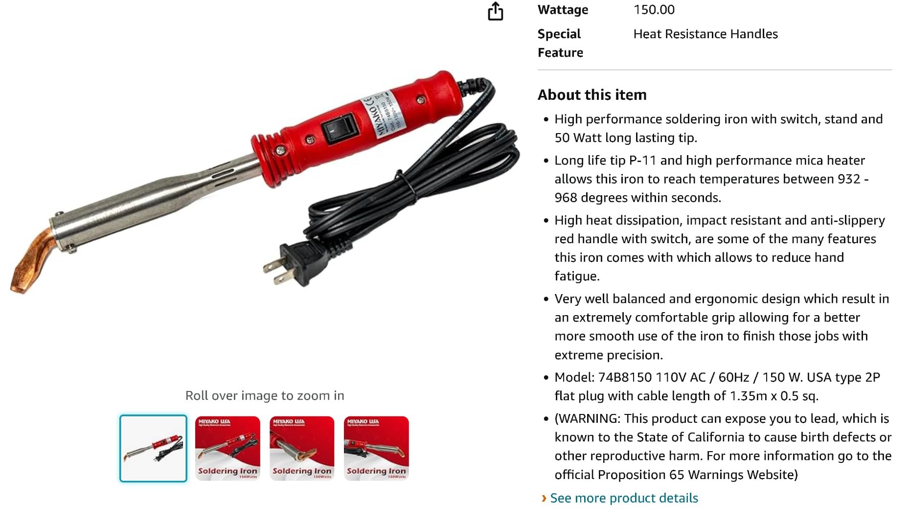MIYAKO USA 150 Watts Heavy Duty Soldering Iron, High-Performance Pencil Welder with Reinforced Plastic and Rubber Handle, Replaceable Tip and Power Switch (74B8150) customer photo 1