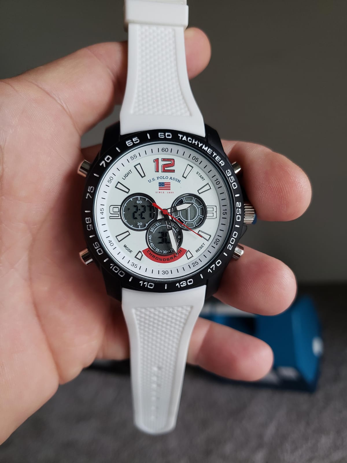 U.S. Polo Assn. Men's Chronograph Sport Watch – Ana-Digital Display with Tachymeter Bezel, Dual Time, Stopwatch & Alarm – White Silicone Strap – 46mm Case – Fits Wrists 5.5