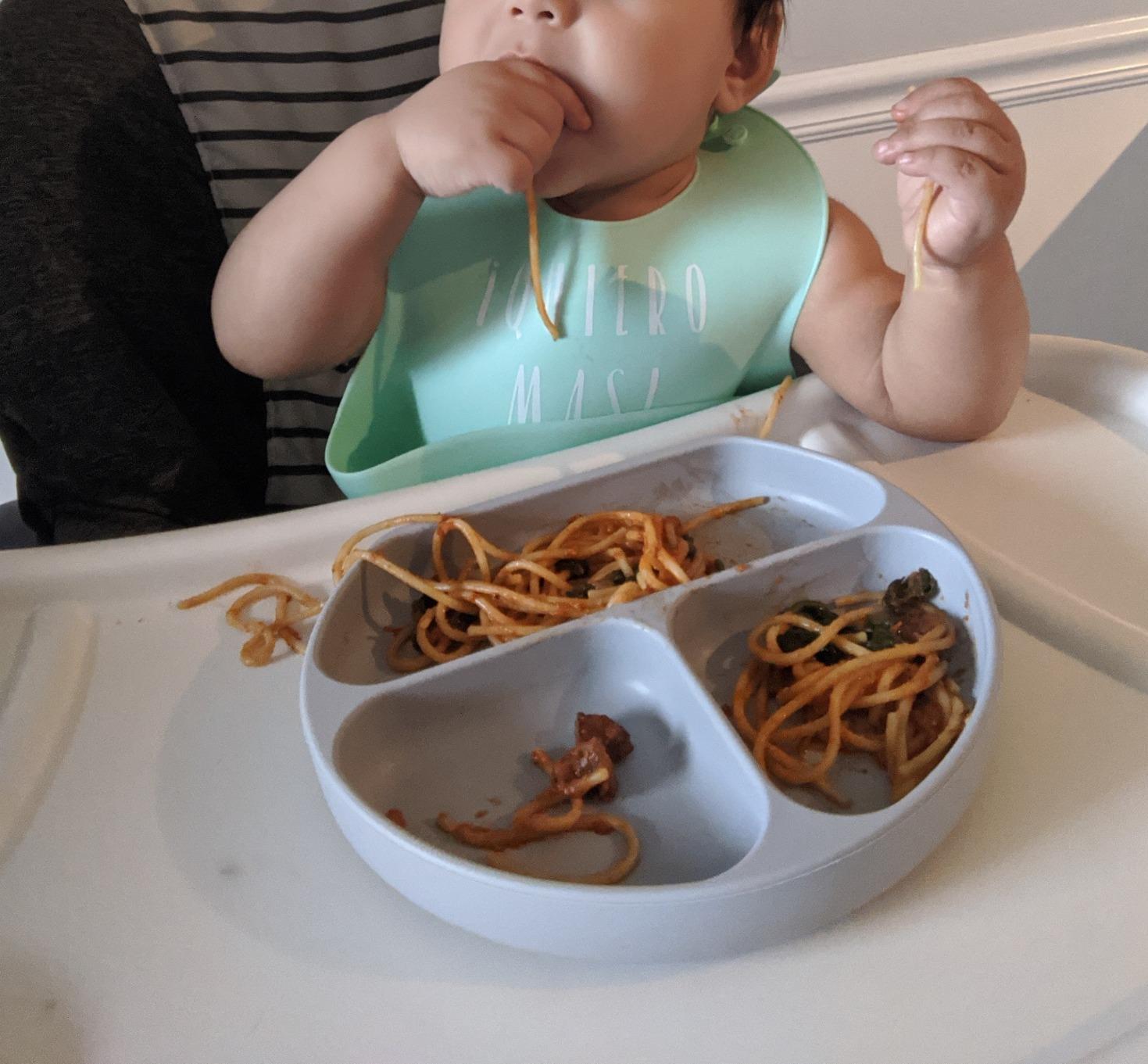 Bumkins Silicone Grip Dish, Suction Plate, Divided Plate, Baby Toddler Plate, BPA Free, Microwave Dishwasher Safe , Blue-GD, 1 Count customer photo 2