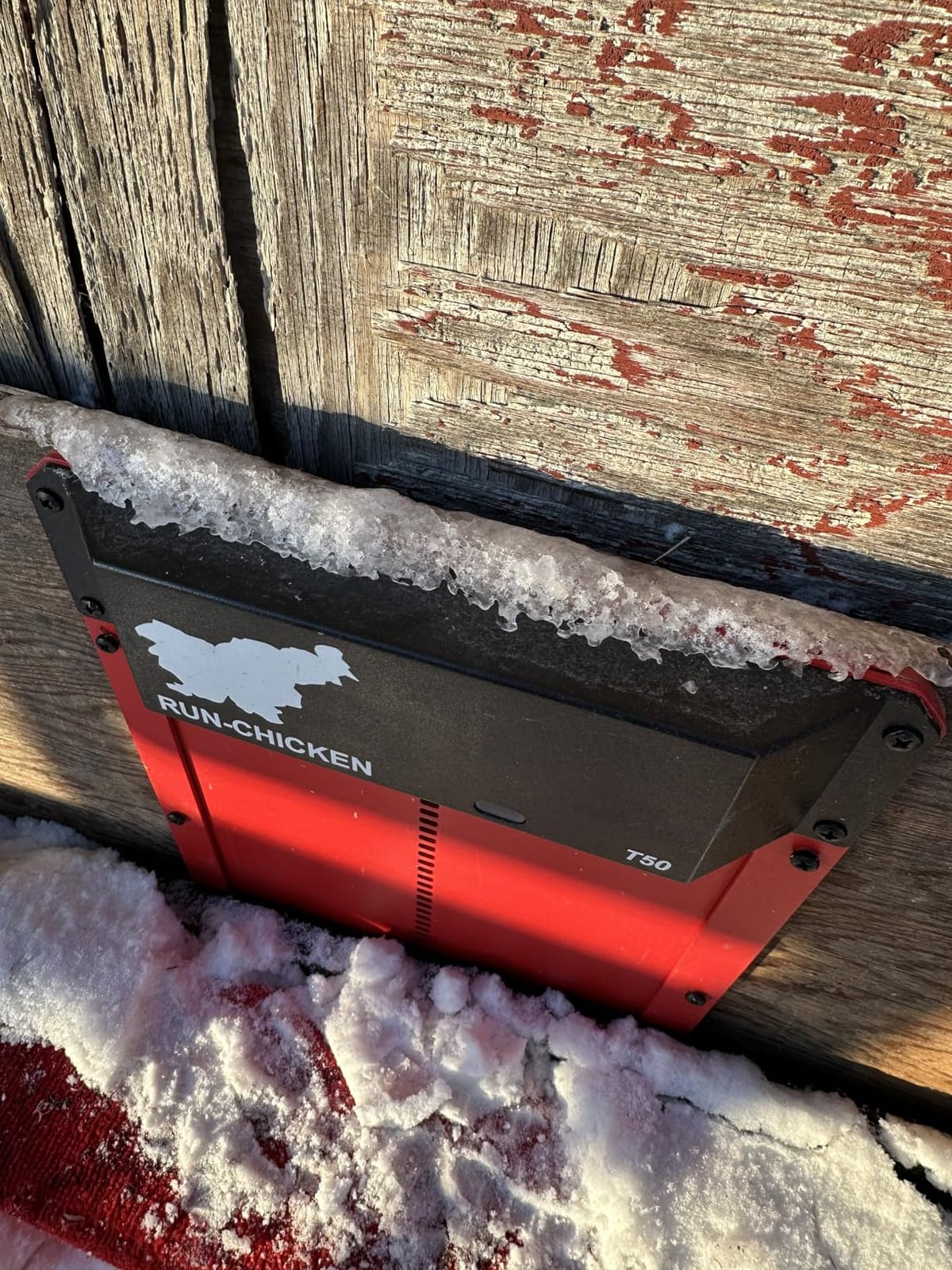 Run-Chicken Door T50 – Automatic Chicken Coop Door Opener, Battery Powered & Weatherproof Aluminum, Smart App & Timer Control, Predator Proof, Easy Install, Reliable All-Season Performance (Red) customer photo 1