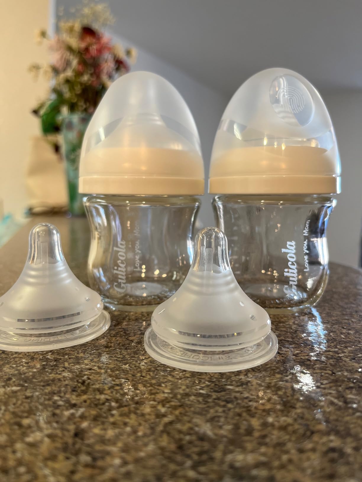 Gulicola Small Glass Baby Bottle for Newborn Breastfeeding Babies, Preemie & Extra Slow Flow Nipples (SS), Anti-Colic, Breast-Like, 0 Months+, 3 oz, 2 Pack - White customer photo 2