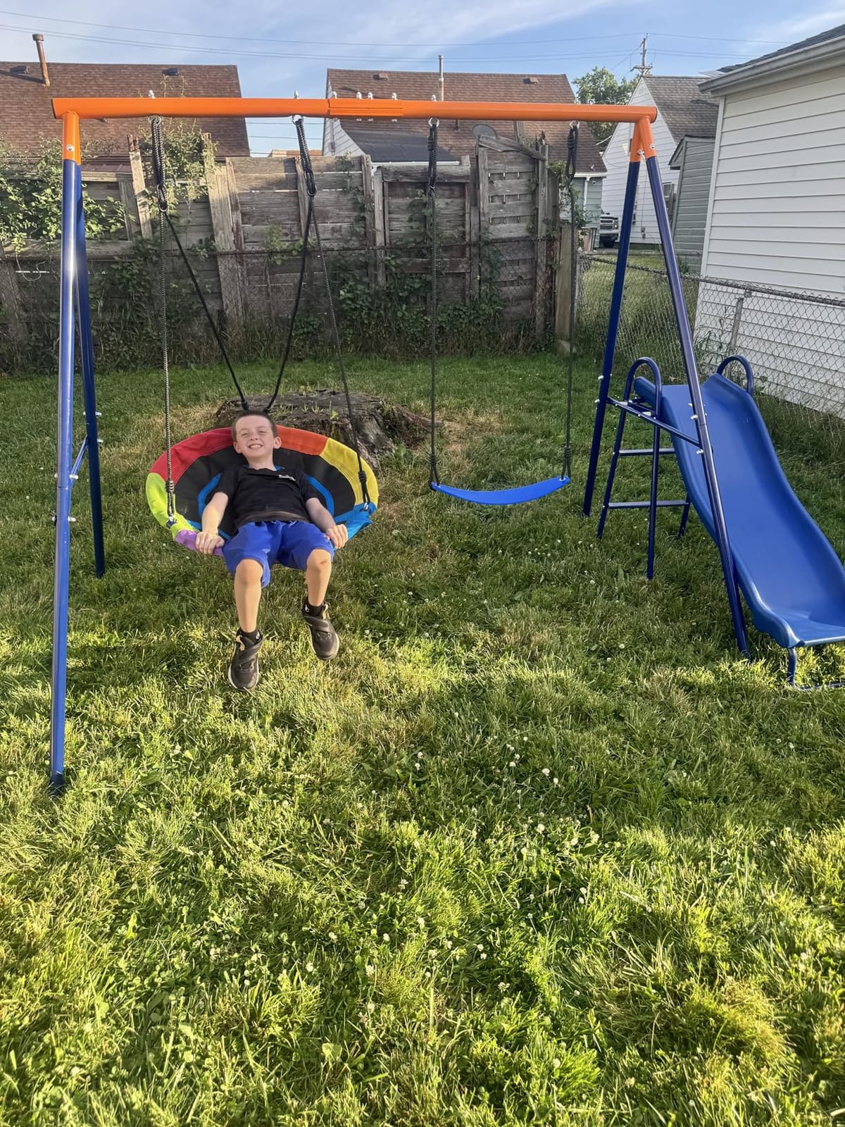 Lunafun Swing Set for Backyard with Kids Slide 440lbs Heavy-Duty Metal A-Frame 1 Saucer Swing Seat 1 Swings Seat & 1 Slide customer photo 1