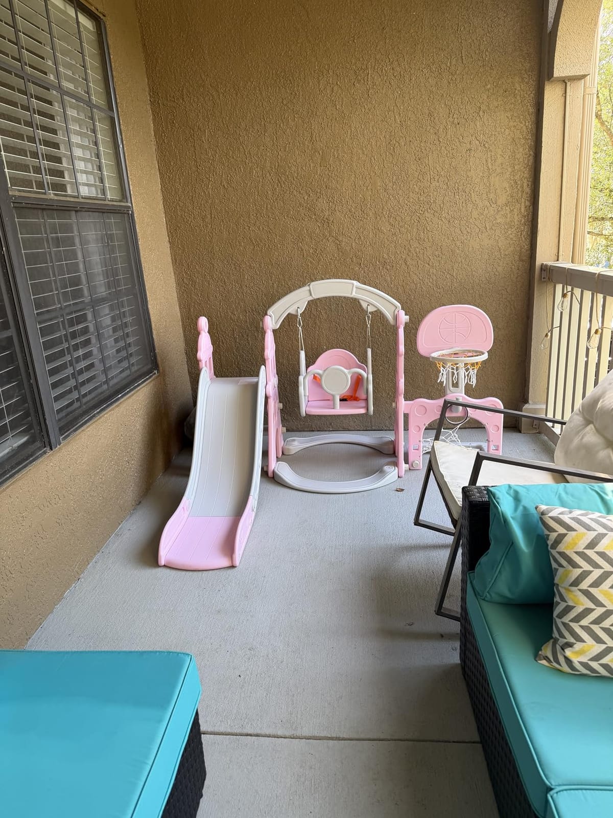 KORIMEFA 4 in 1 Toddler Slide and Swing Set, Kids Climber Slide Playset with Basketball Hoop Playground Swing Set for Indoor Outdoor Backyard Age 1-3 (4 in1-Gray) customer photo 1