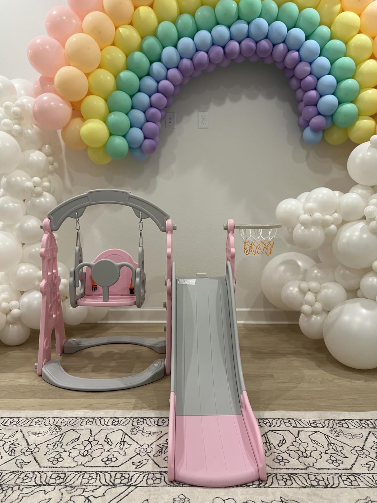 KORIMEFA 4 in 1 Toddler Slide and Swing Set, Kids Climber Slide Playset with Basketball Hoop Playground Swing Set for Indoor Outdoor Backyard Age 1-3 (4 in1-Gray) customer photo 2