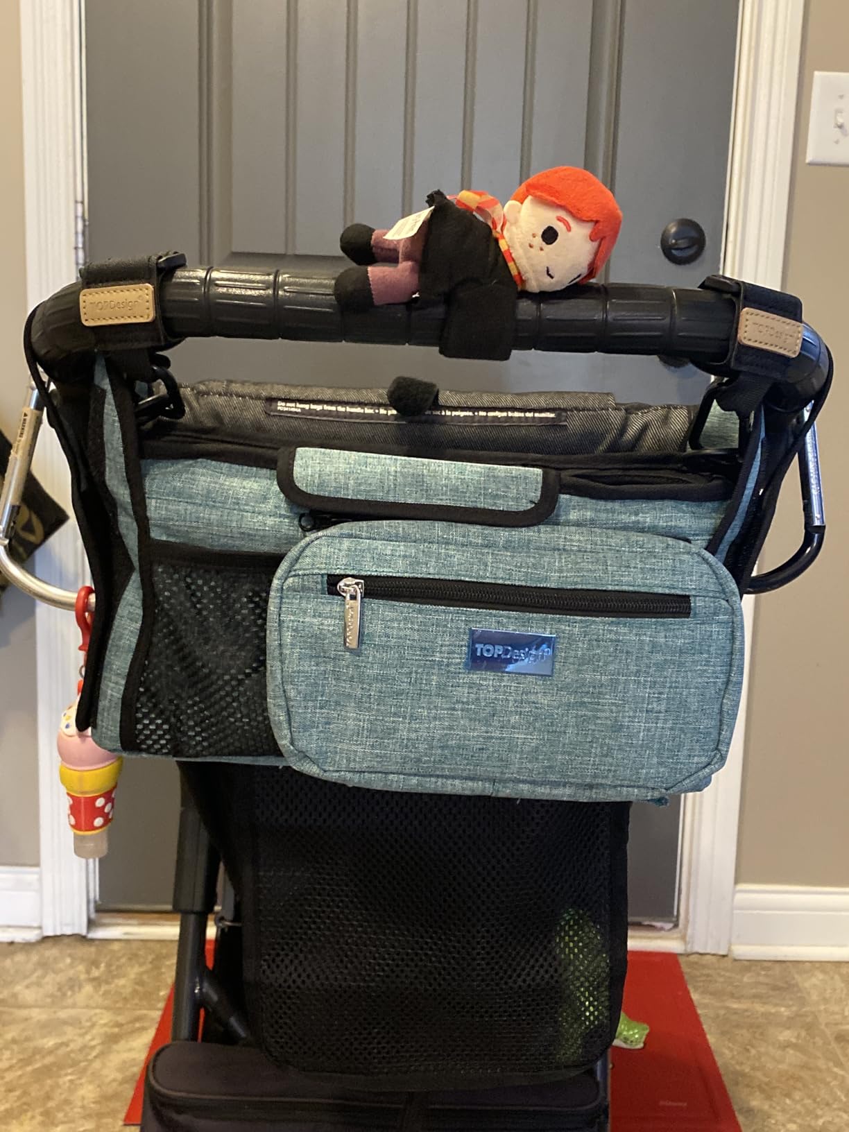 TOPDesign Universal Baby Stroller Organizer, Stroller Caddy with Detachable Mesh Bag & Heightened Insulated Cup Holders & Non-Slip Secure Hooks Accessories, Fits Most Strollers (Checkerboard) customer photo 1