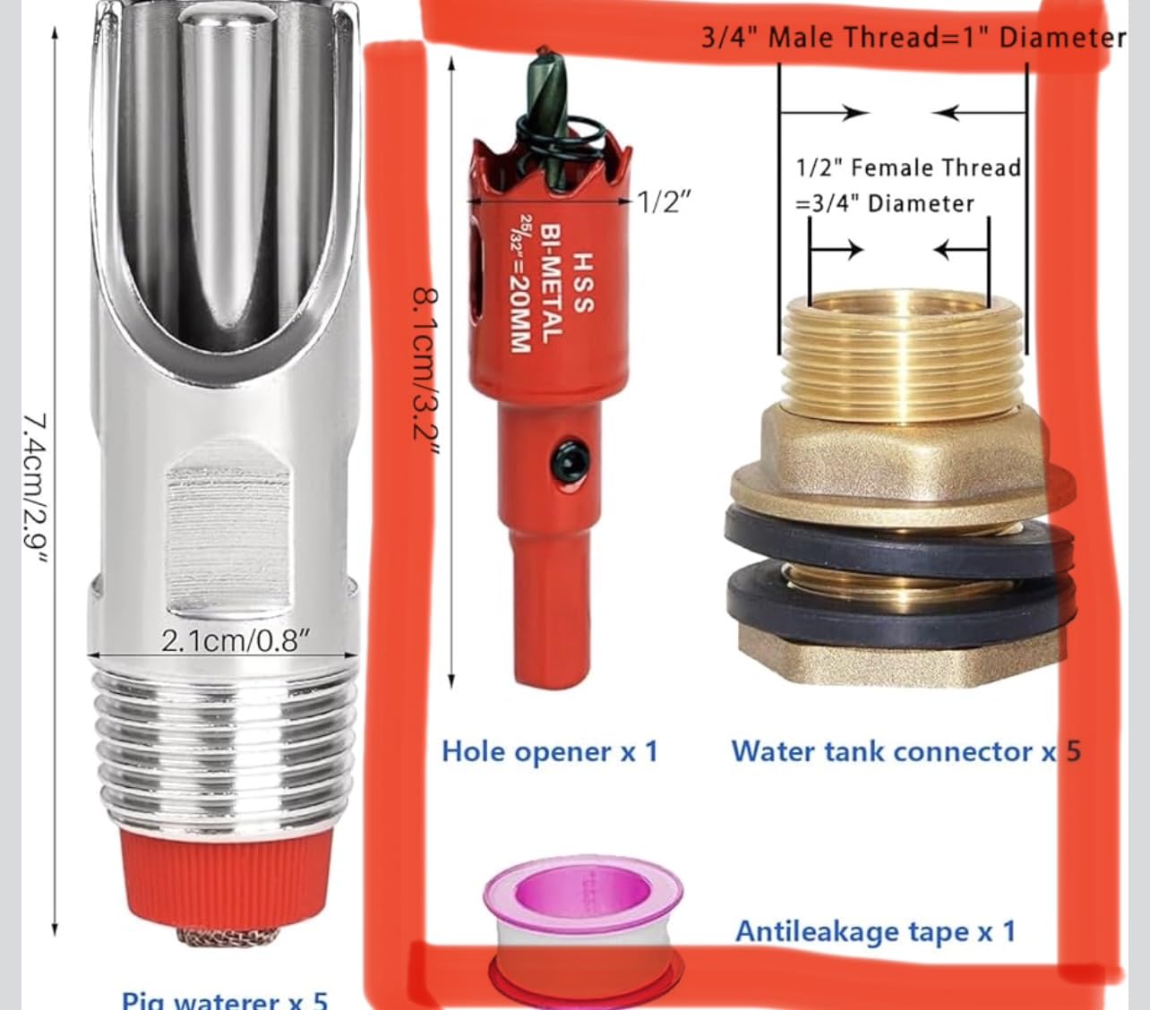Pig Waterer Nipple 5 PCS Automatic Pig Nipple Drinkers with 5 Pcs Brass Water Tank Connector 1Pcs Hole Opener Pig Waterer Feeder Systems Kit for Hog Pig Goats Swine Piglets Drinking customer photo 1
