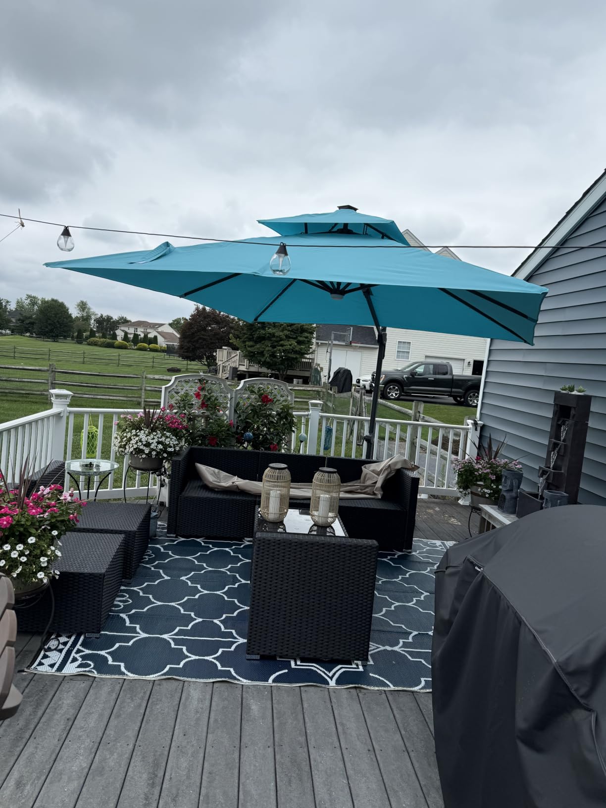 Best Choice Products 12x12ft LED Cantilever Patio Umbrella w/Base Included & 360° Rotation, Large Solar Offset Hanging Outdoor Sun Shade for Deck, Backyard Table w/Stand & Lights – Ivory customer photo 1